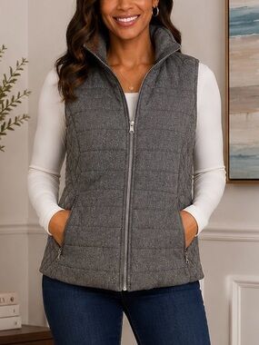 Lemon Tart Gray Quilted Herringbone Puffer Vest XL Zip Front Wool Blend